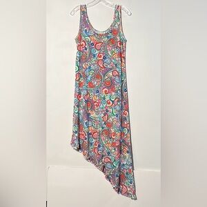 LULU-B Resort 100% Cotton Vibrant Paisley Asymmetric Ruffle Hem Beach Dress SZ S